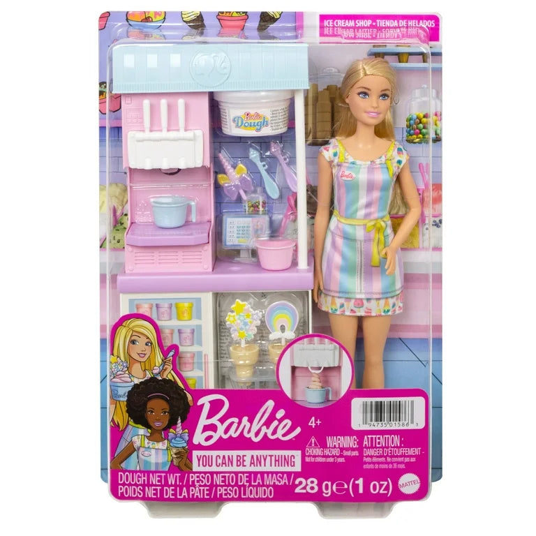 Barbie. Juego de Heladería. Maquina de Helados, moldes, masa y accesorios.