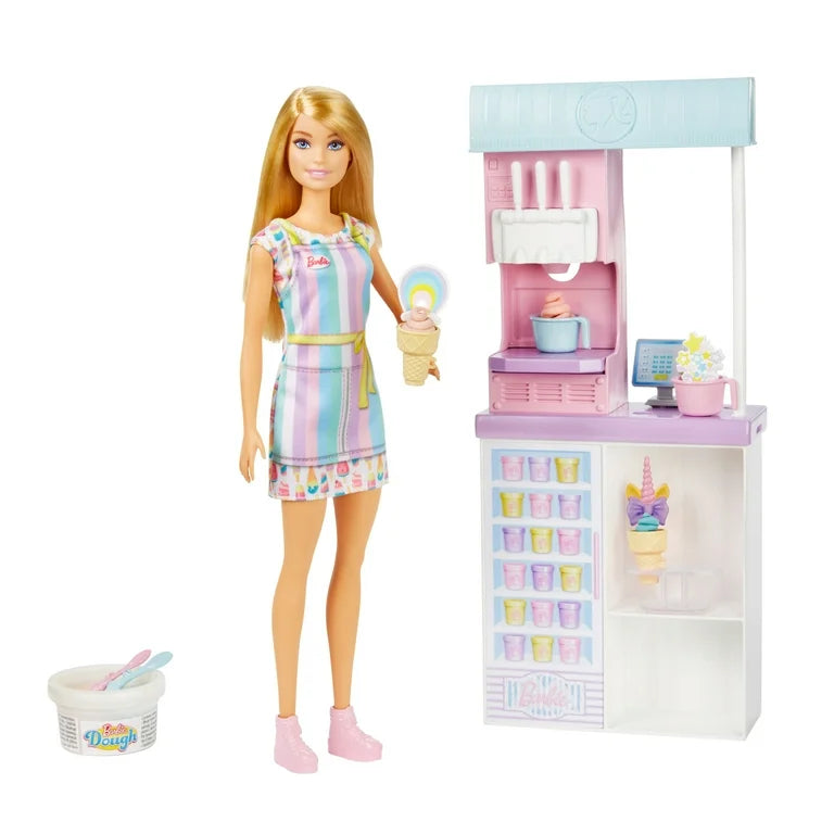 Barbie. Juego de Heladería. Maquina de Helados, moldes, masa y accesorios.