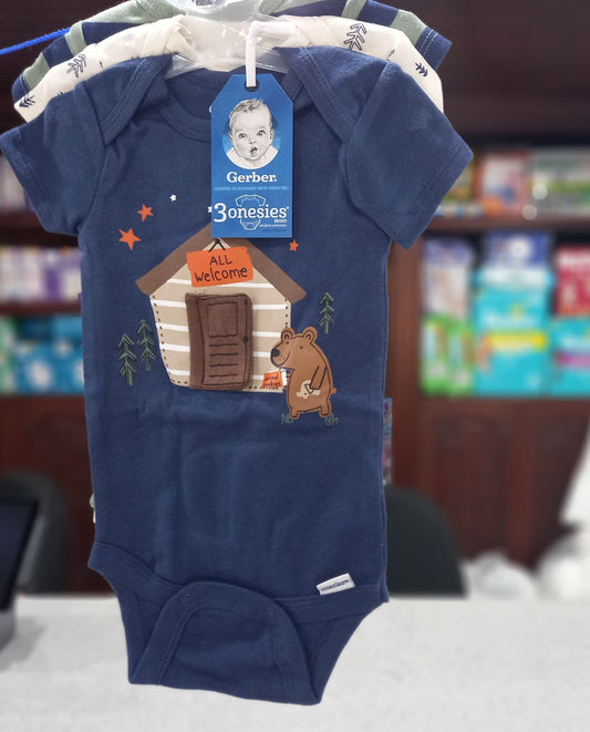 Bodysuits Bebé Niño Osito Manga Corta 3 Piezas, 0-3M, Gerber