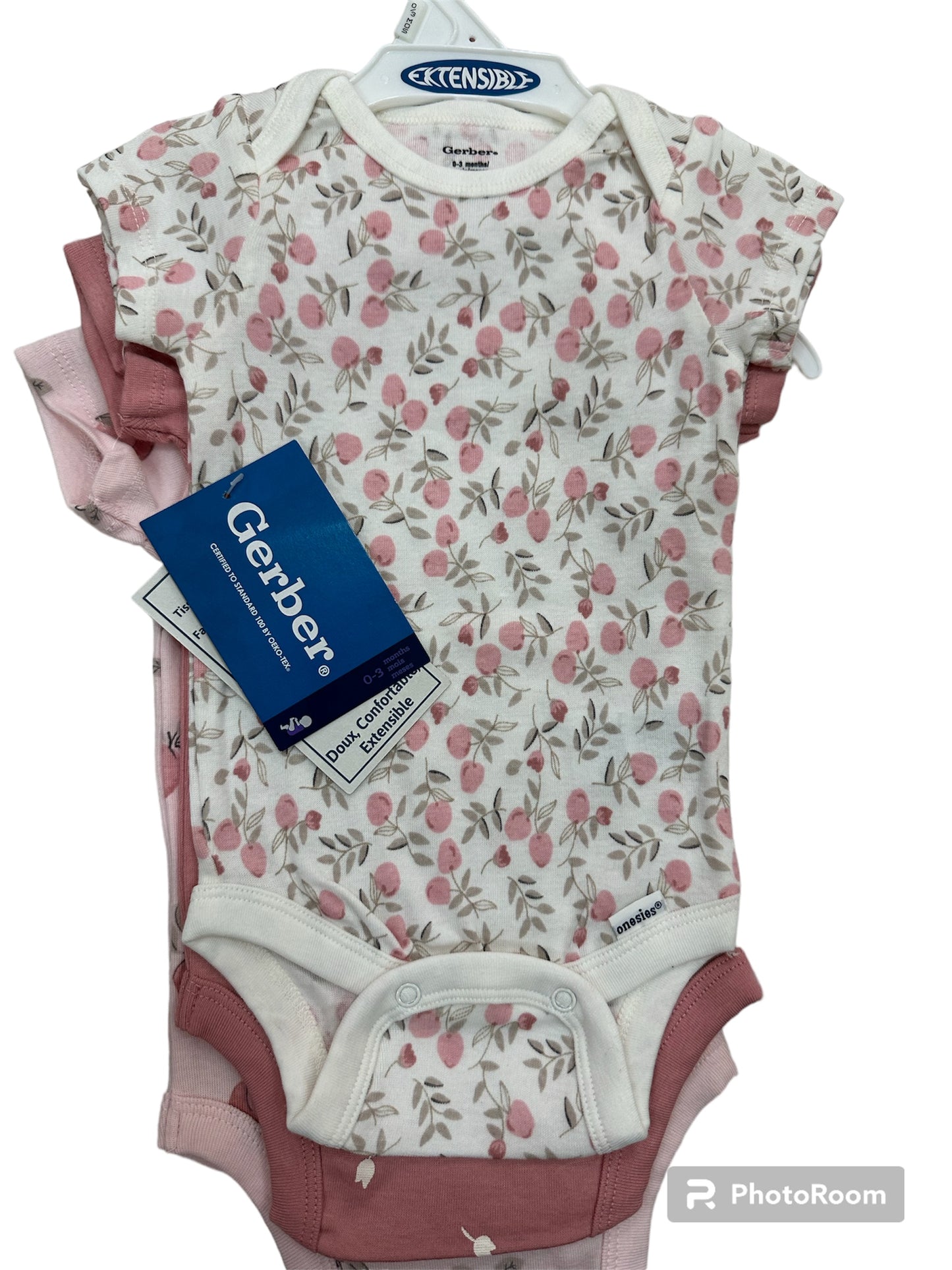 Set de Onesies, 3 Piezas con Flores Rosas, Gerber