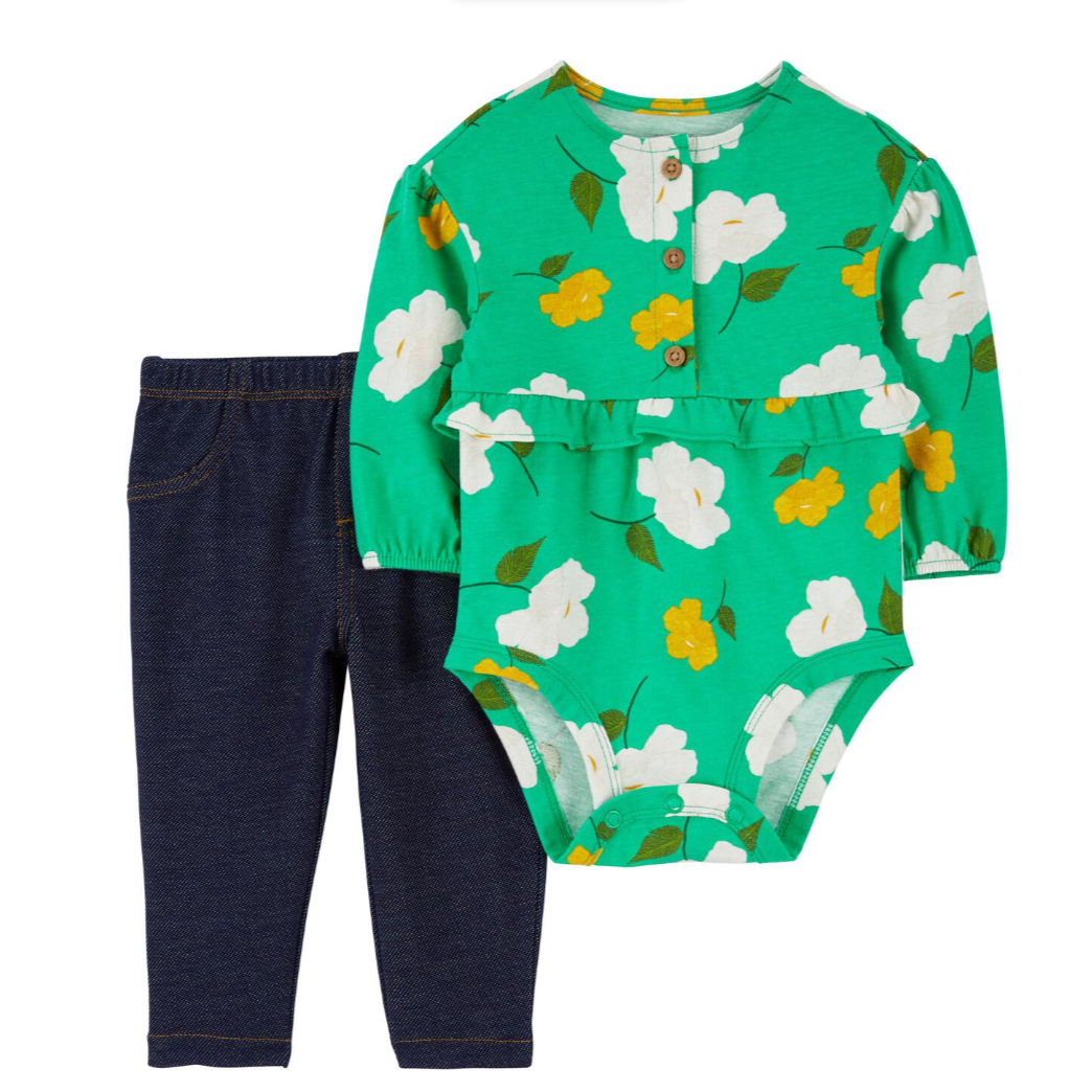 Set de Onesie de Manga Larga y Pantalón con Estampado de Flores Verdes, Carter's